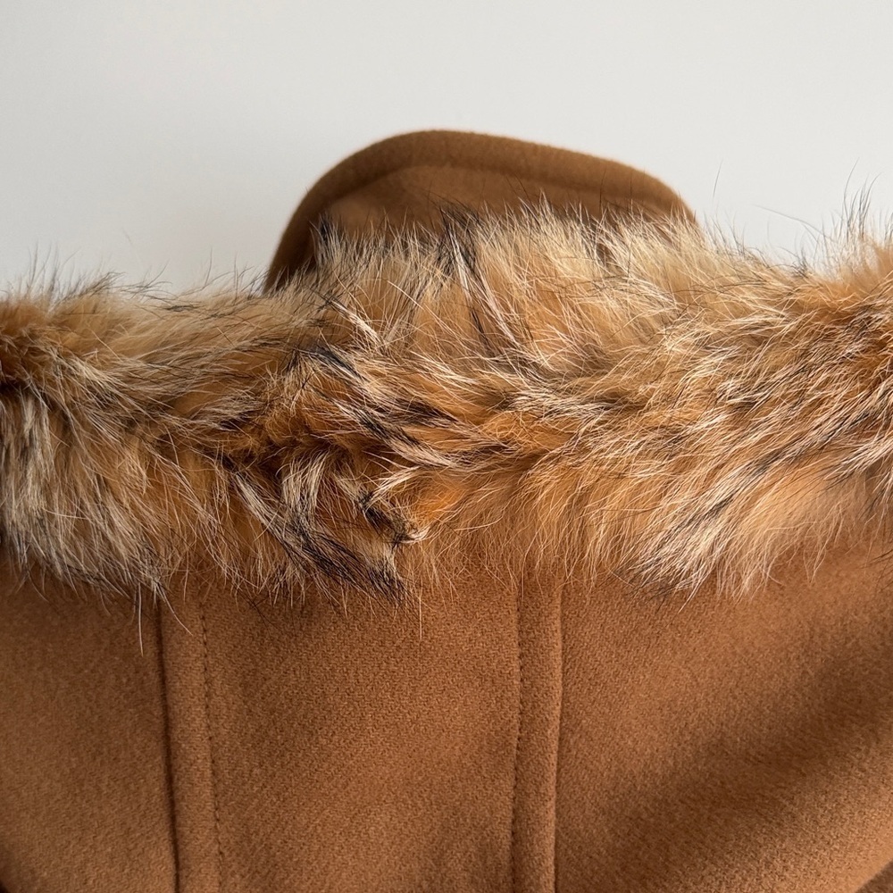 Trina Turk Tan Wool Coat with Coyote Fur Hood - Picture 8 of 16